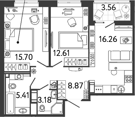 Планировка: 3Е-к.кв · 63,81 м²