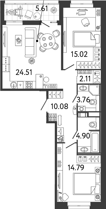 Планировка: 3Е-к.кв · 77,98 м²