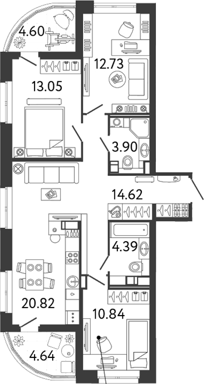 Планировка: 4Е-к.кв · 84,97 м²