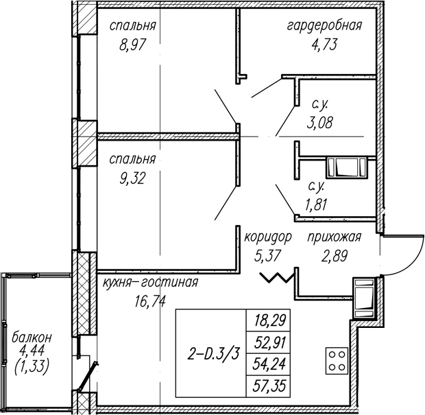 Планировка: 3Е-к.кв · 54,24 м²