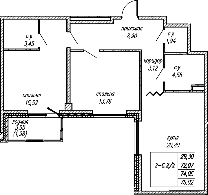 Планировка: 3Е-к.кв · 74,05 м²