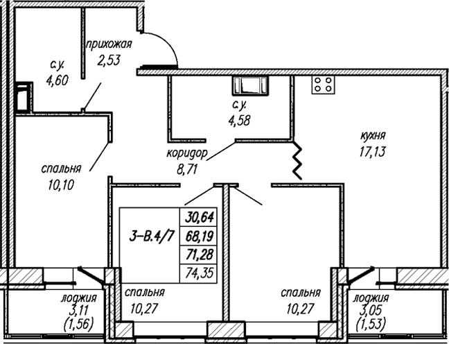 Планировка: 3 комнаты · 71,28 м²