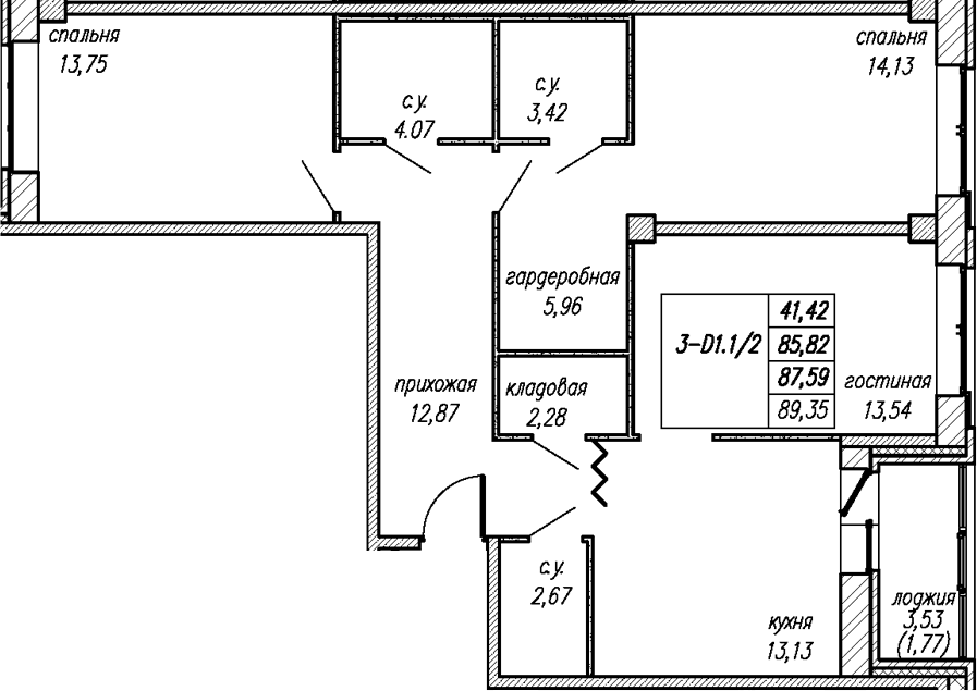 Планировка: 3 комнаты · 87,59 м²