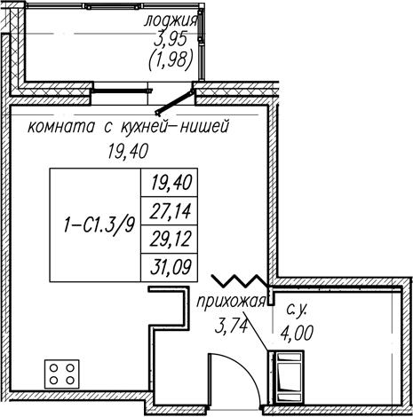 Планировка: Студия · 29,12 м²