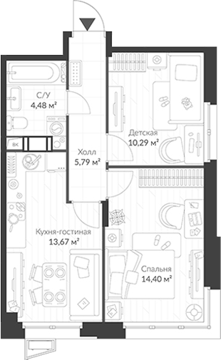 Планировка: 3Е-к.кв · 48,63 м²