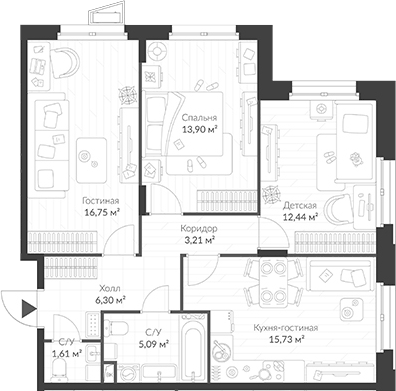 Планировка: 4Е-к.кв · 75,03 м²