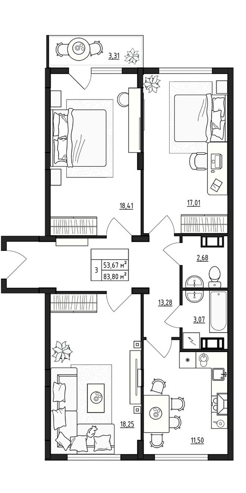 Планировка: 3 комнаты · 84,9 м²