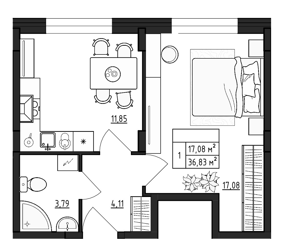 Планировка: 1 комната · 36,83 м²