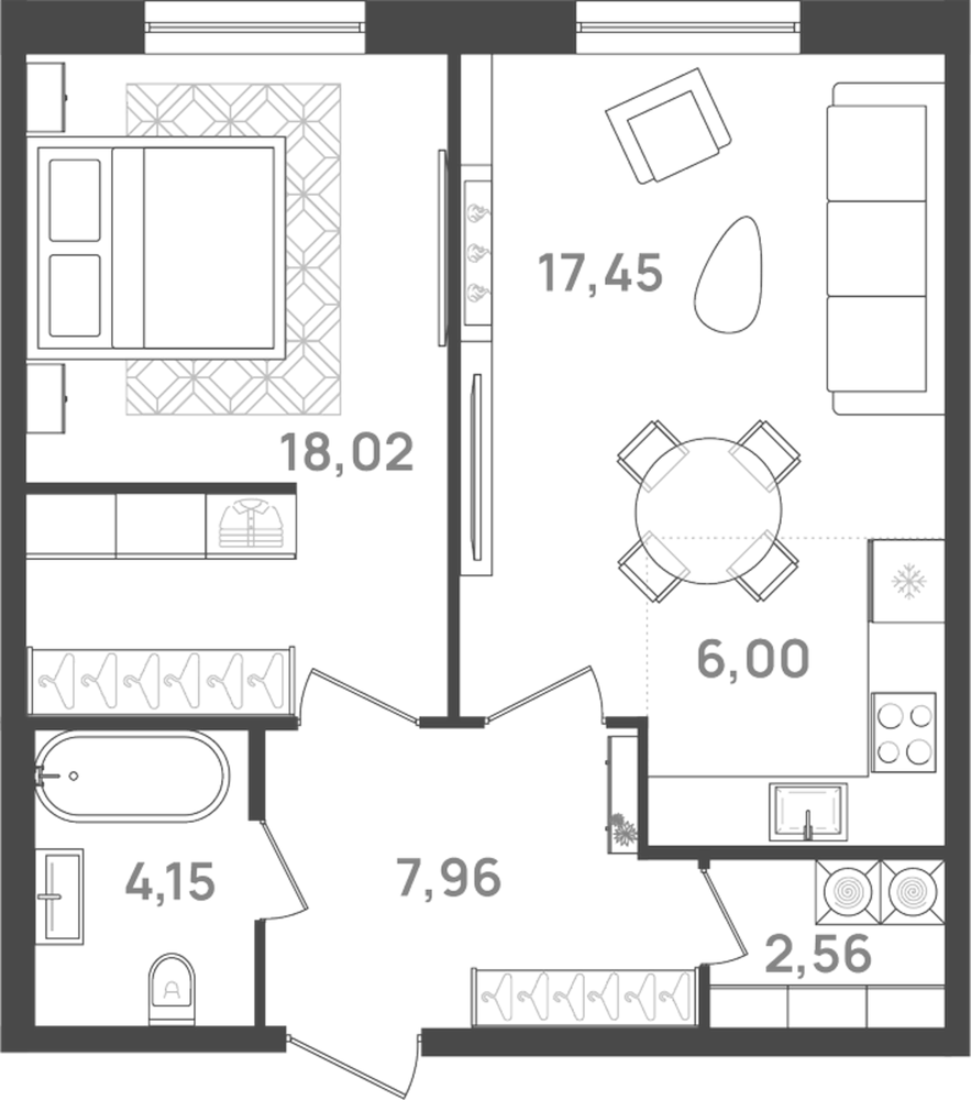 Планировка: 2Е-к.кв · 56,14 м²