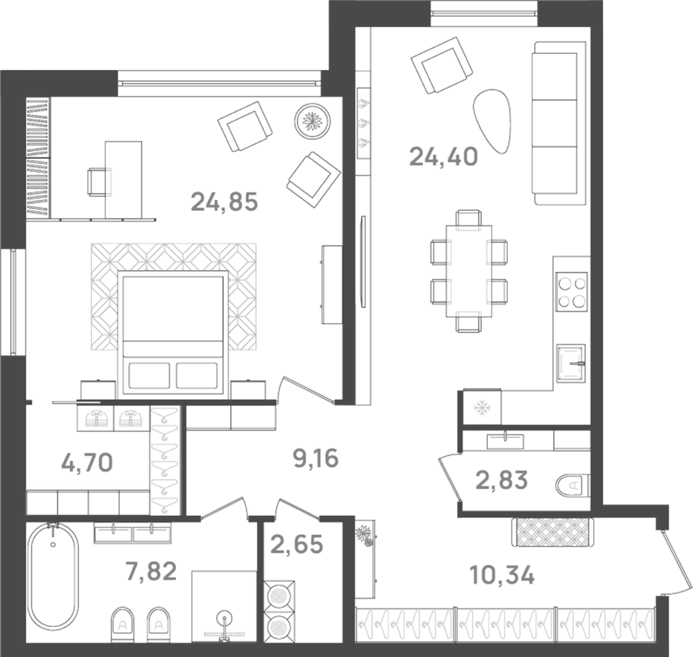 Планировка: 2Е-к.кв · 86,75 м²