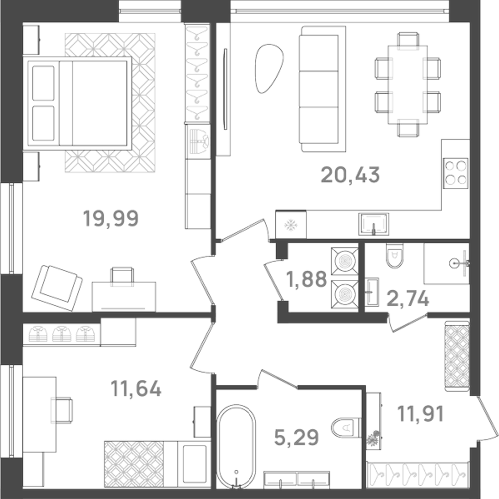 Планировка: 3Е-к.кв · 73,88 м²