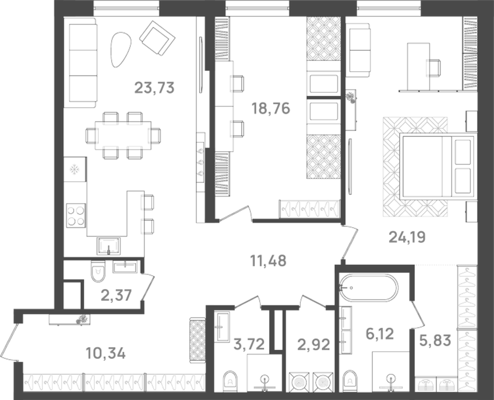 Планировка: 3Е-к.кв · 111,2 м²