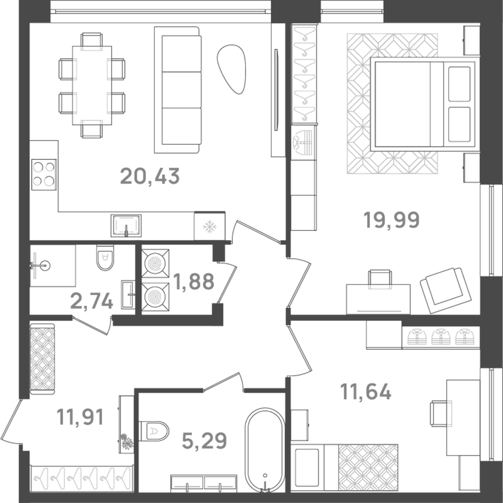 Планировка: 3Е-к.кв · 73,88 м²