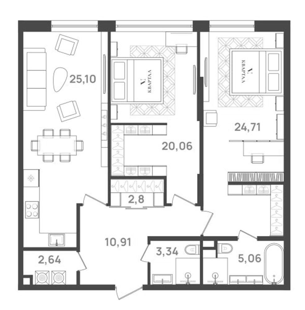 Планировка: 3Е-к.кв · 95,5 м²