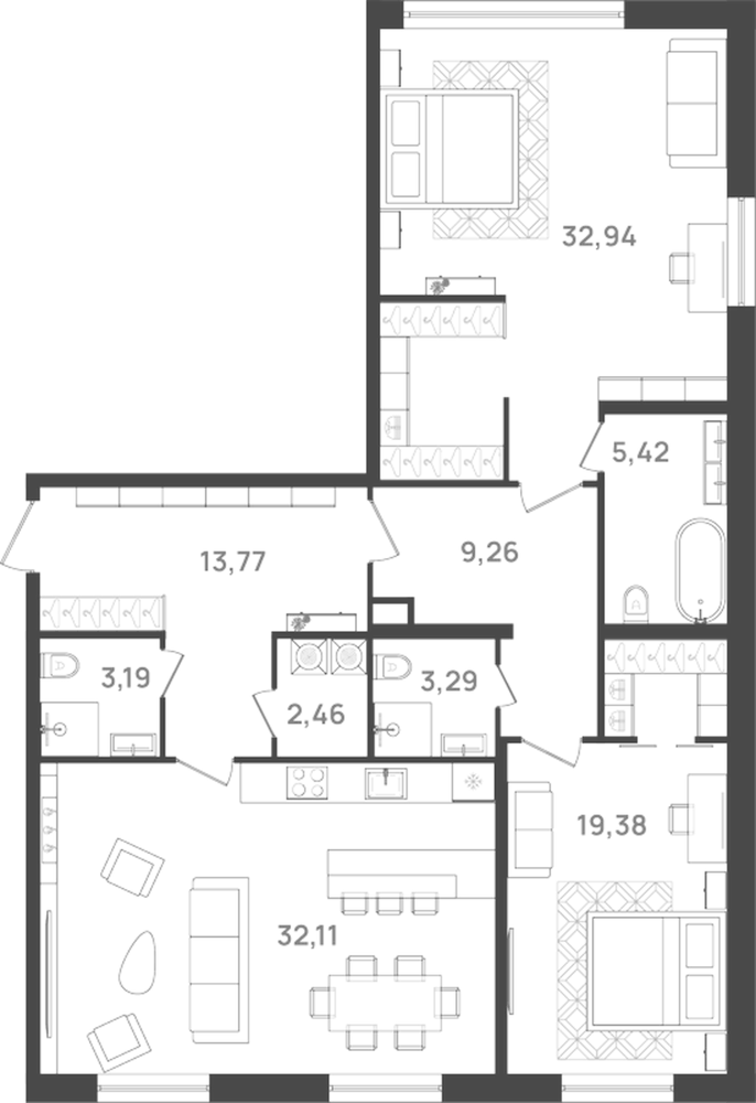 Планировка: 3Е-к.кв · 121,82 м²