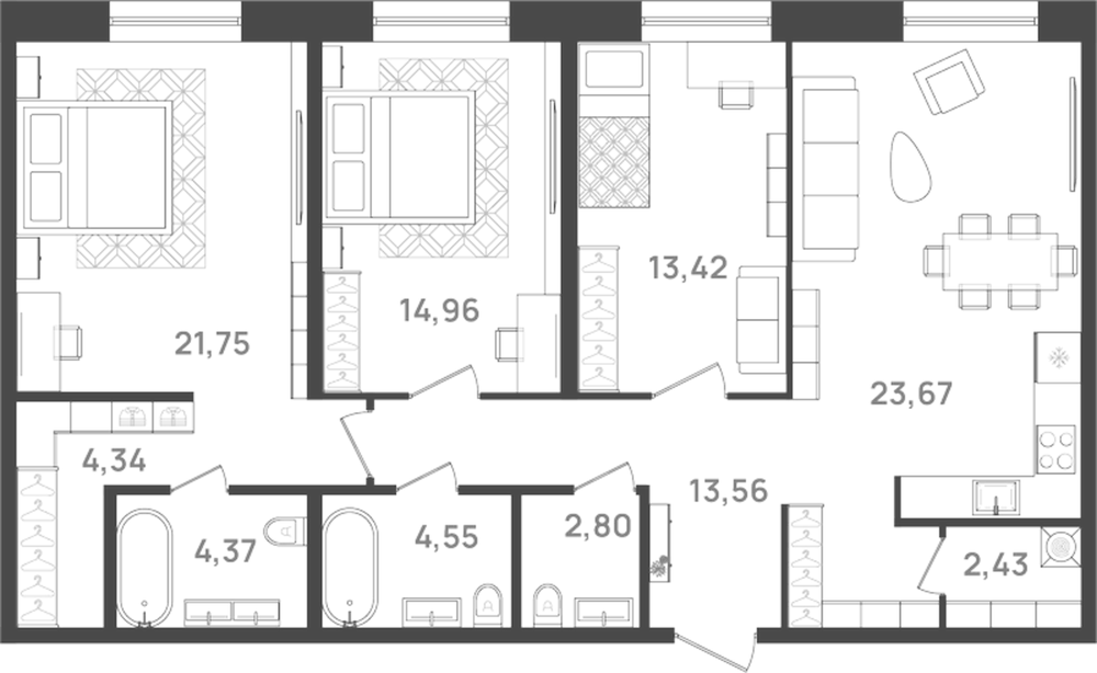 Планировка: 4Е-к.кв · 105,85 м²