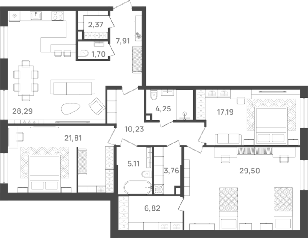 Планировка: 4Е-к.кв · 140,7 м²