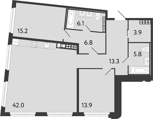 Планировка: 3Е-к.кв · 107,1 м²
