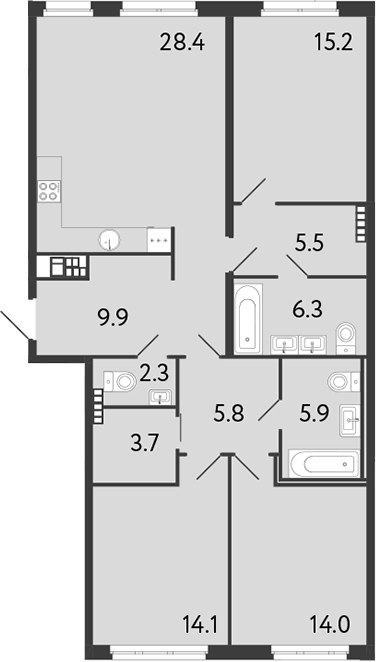 Планировка: 4Е-к.кв · 111,1 м²