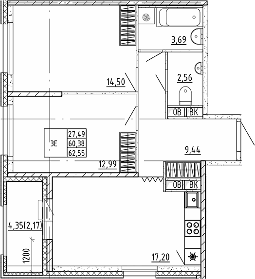 Планировка: 3Е-к.кв · 62,55 м²