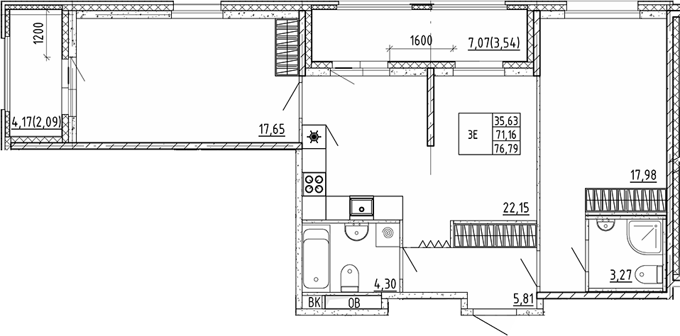 Планировка: 3Е-к.кв · 76,79 м²