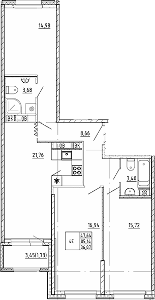 Планировка: 4Е-к.кв · 86,87 м²
