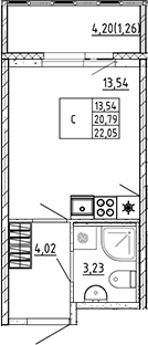 Планировка: Студия · 22,05 м²