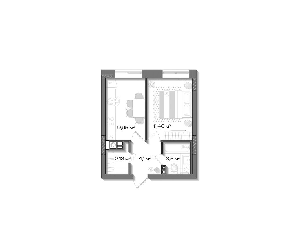 Планировка: 1 комната · 31,09 м²