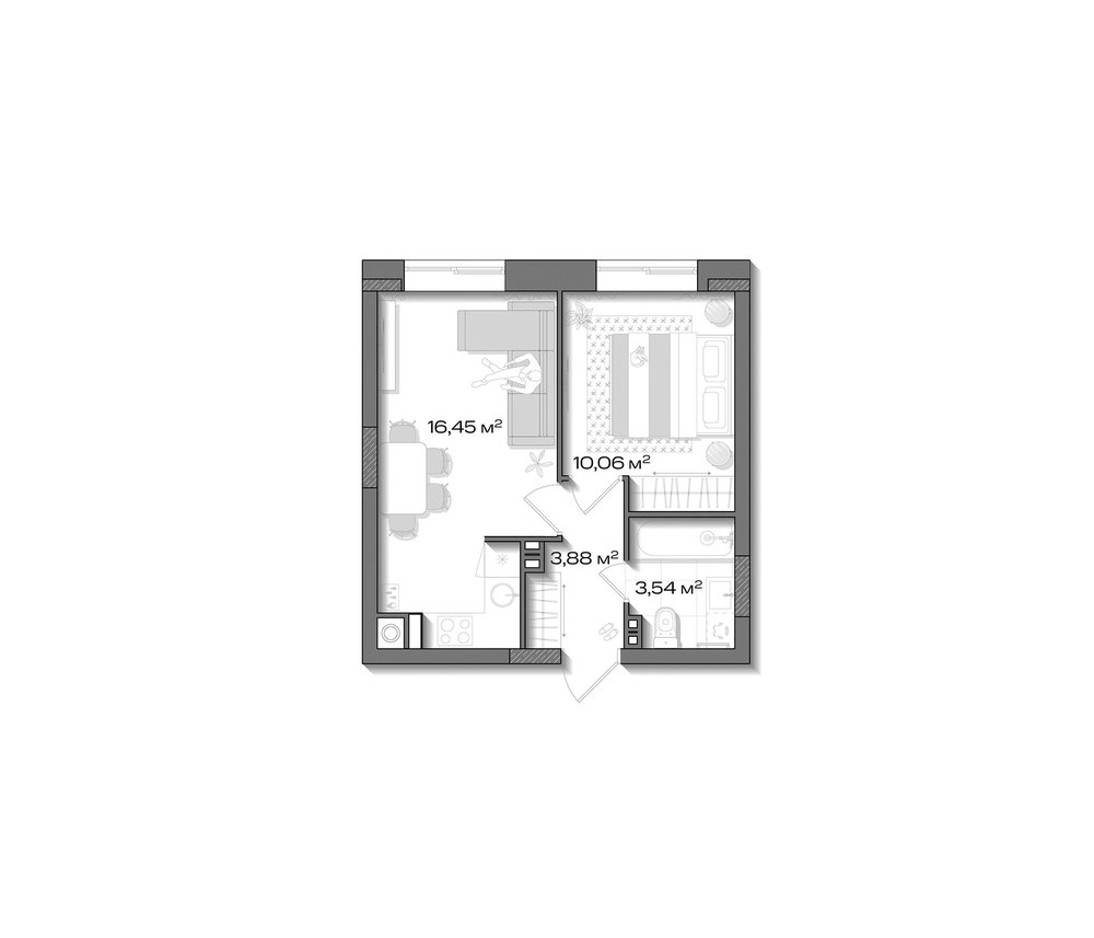 Планировка: 2Е-к.кв · 33,93 м²