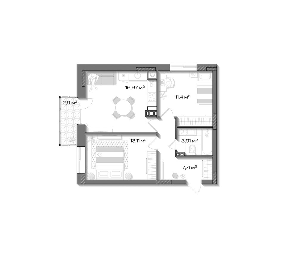 Планировка: 3Е-к.кв · 53,97 м²