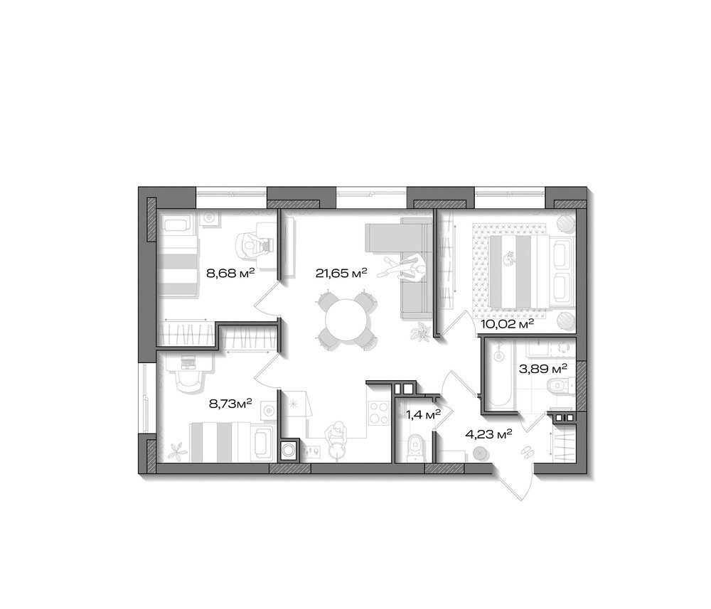 Планировка: 3 комнаты · 58,6 м²