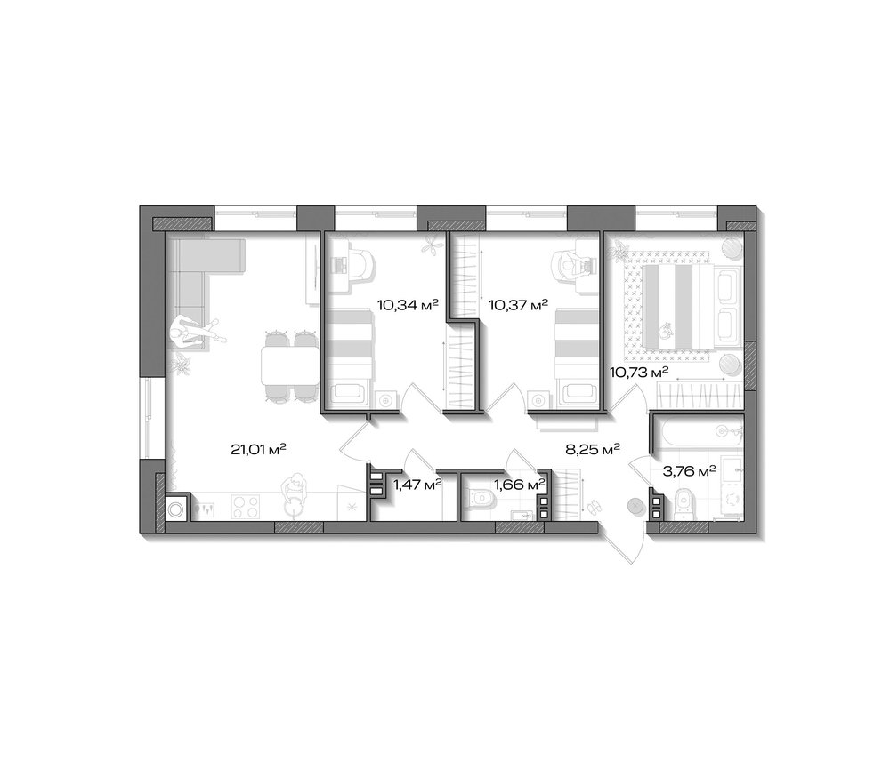 Планировка: 3 комнаты · 67,59 м²