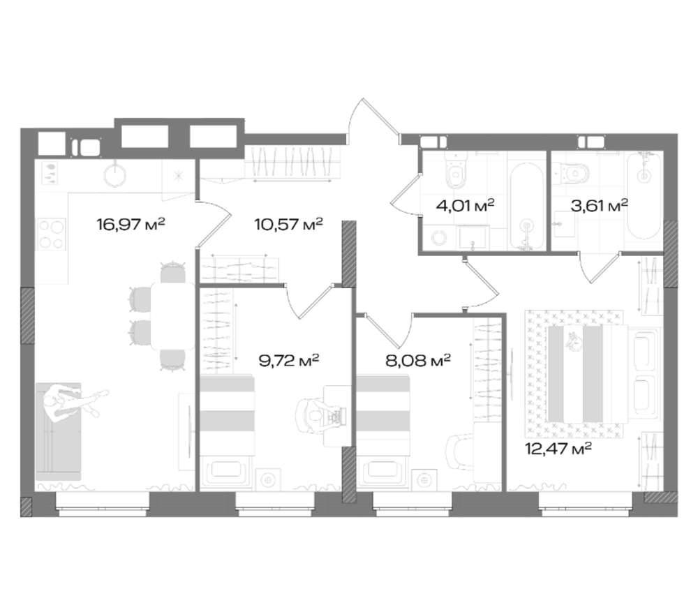 Планировка: 4Е-к.кв · 65,43 м²
