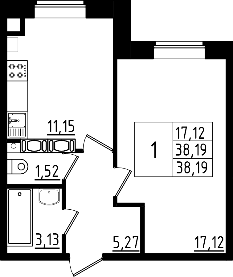 Планировка: 1 комната · 38,19 м²