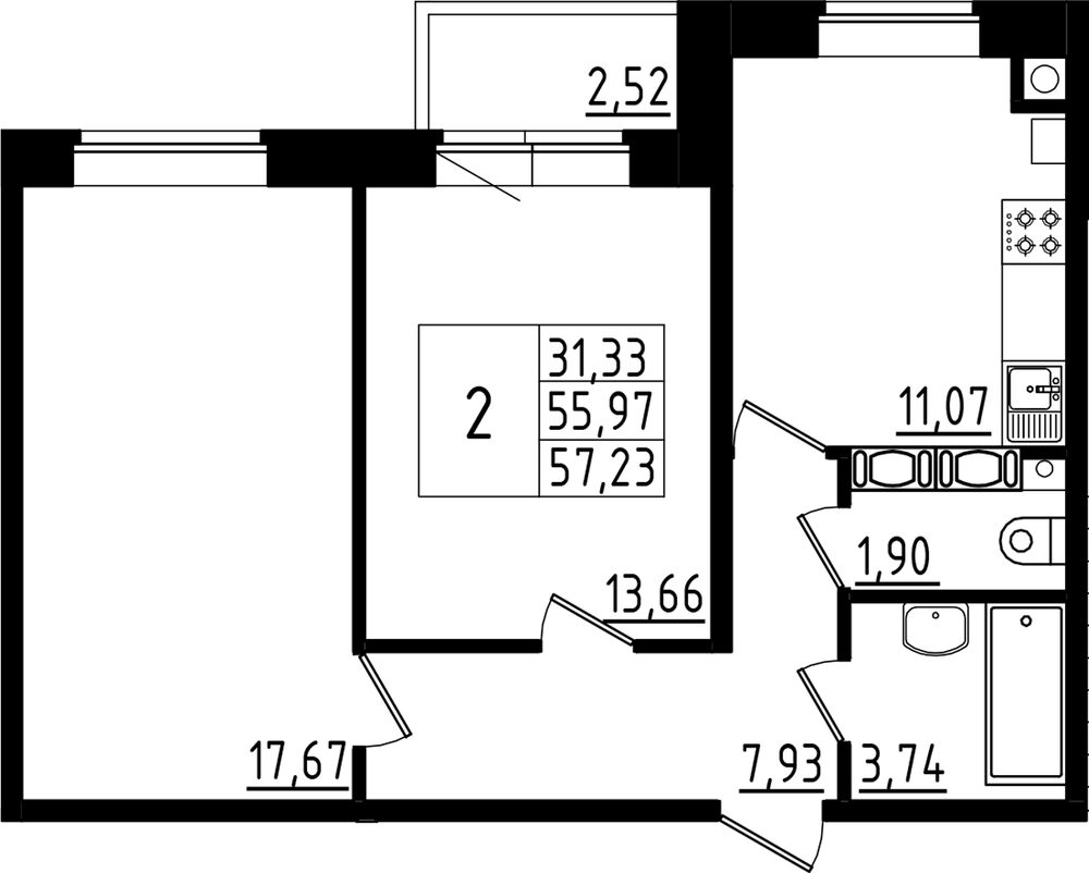Планировка: 2 комнаты · 57,23 м²