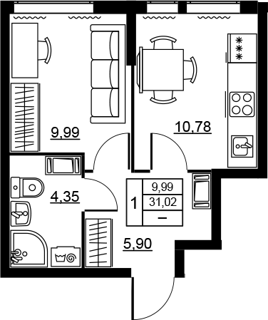 Планировка: 1 комната · 31,02 м²
