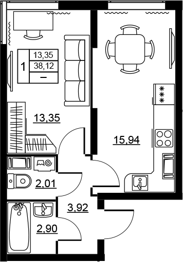 Планировка: 2Е-к.кв · 38,12 м²