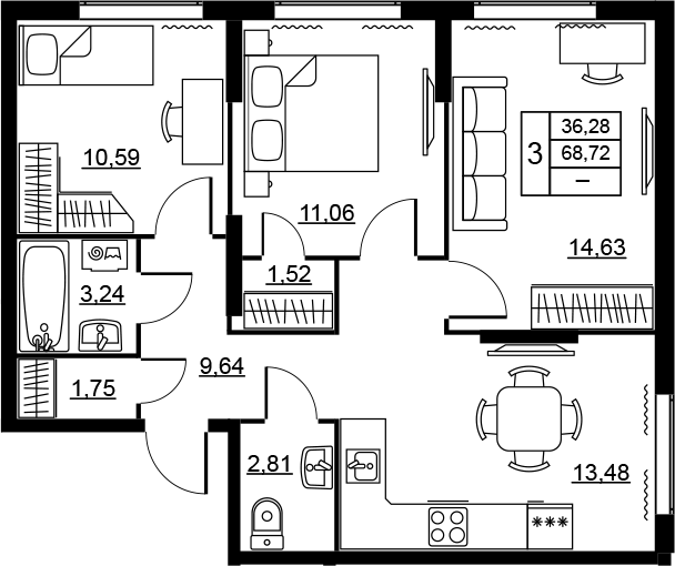 Планировка: 3 комнаты · 68,72 м²