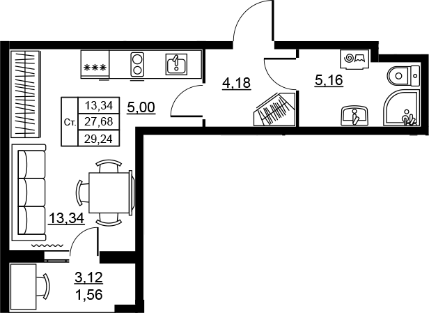 Планировка: Студия · 29,24 м²
