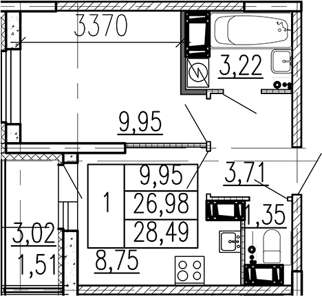 Планировка: 1 комната · 28,49 м²