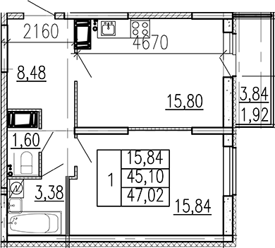 Планировка: 1 комната · 47,02 м²