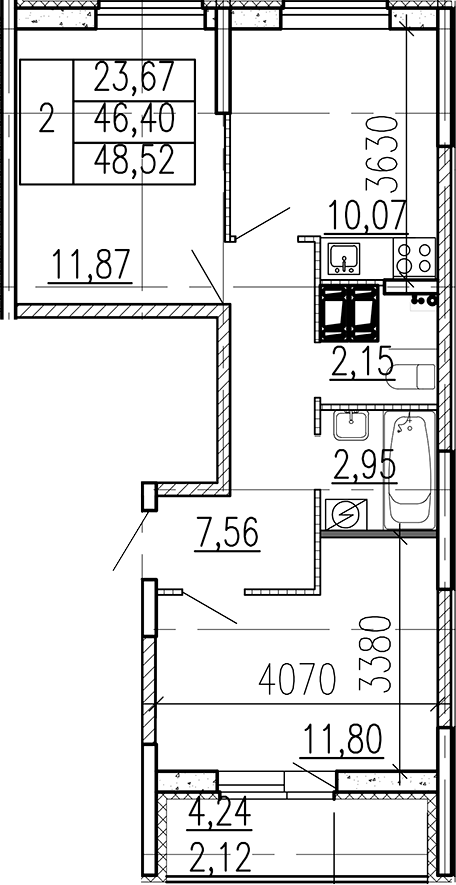 Планировка: 2 комнаты · 48,52 м²
