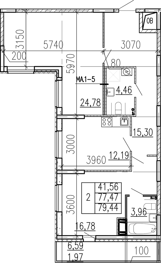Планировка: 2 комнаты · 79,44 м²