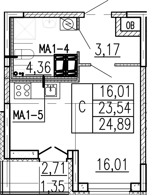 Планировка: Студия · 24,89 м²