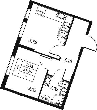 Планировка: 1 комната · 31,55 м²