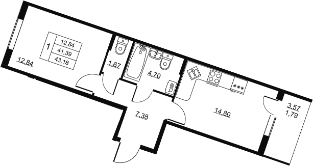 Планировка: 1 комната · 43,28 м²