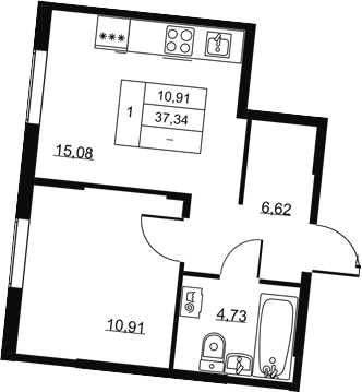 Планировка: 2Е-к.кв · 37,34 м²
