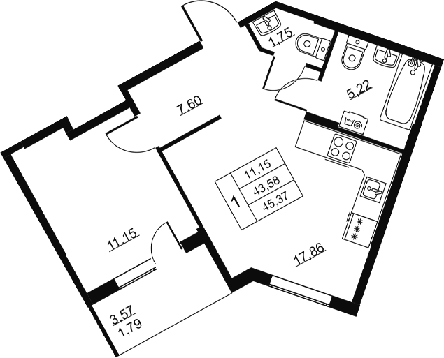 Планировка: 2Е-к.кв · 45,37 м²