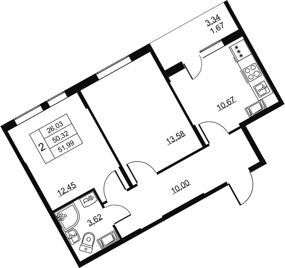 Планировка: 2 комнаты · 51,99 м²