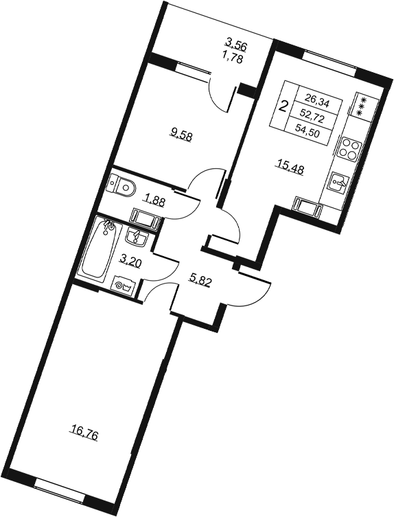 Планировка: 3Е-к.кв · 54,5 м²